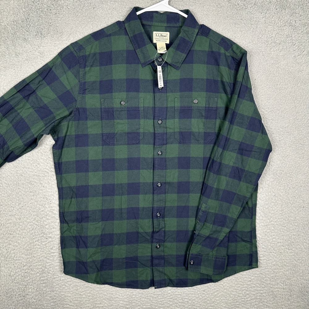 NEW L.L. Bean Shirt Mens Large Slightly Fitted Green Navy Buffalo Plaid Flannel